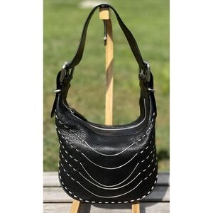 Francesco Biasia Shoulder Bag Womens Black Leather White Stitch Boho Hobo‎ Purse
